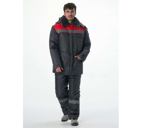 Костюм зимний Труженик-Ультра-2 (тк.Оксфорд) п/к, т.серый/красный
