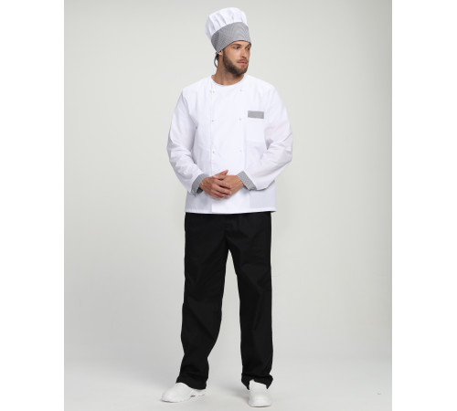 Костюм повара Шеф-2 (тк.ТиСи), белый/черный/принт-клетка
